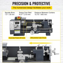 VEVOR Torno de Metal 210x400 mm Mini Torno de Madera Pantalla Digital Velocidad Variable 50-2500 rpm Kit de Torno Electrónico Fresas Portabrocas Herramientas de Medición para Trabajos de Precisión