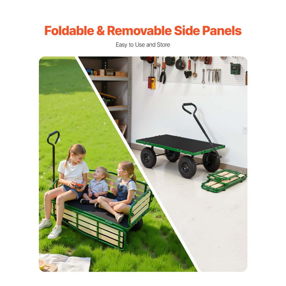 VEVOR Carro de Playa con Ruedas 118 x 52 x 61 cm, Carga 250 kg, Madera y Acero Carbono, Resistente al Agua Clima y Óxido, Carrito Todo Terreno verde negro con Asa para Niños Camping Jardín Bebé Arena