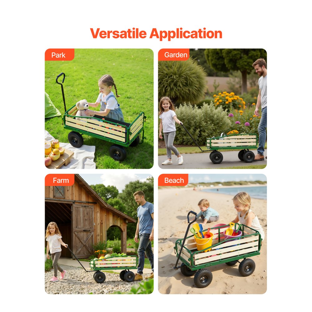 VEVOR Carro de Playa con Ruedas 118 x 52 x 61 cm, Carga 250 kg, Madera y Acero Carbono, Resistente al Agua Clima y Óxido, Carrito Todo Terreno verde negro con Asa para Niños Camping Jardín Bebé Arena