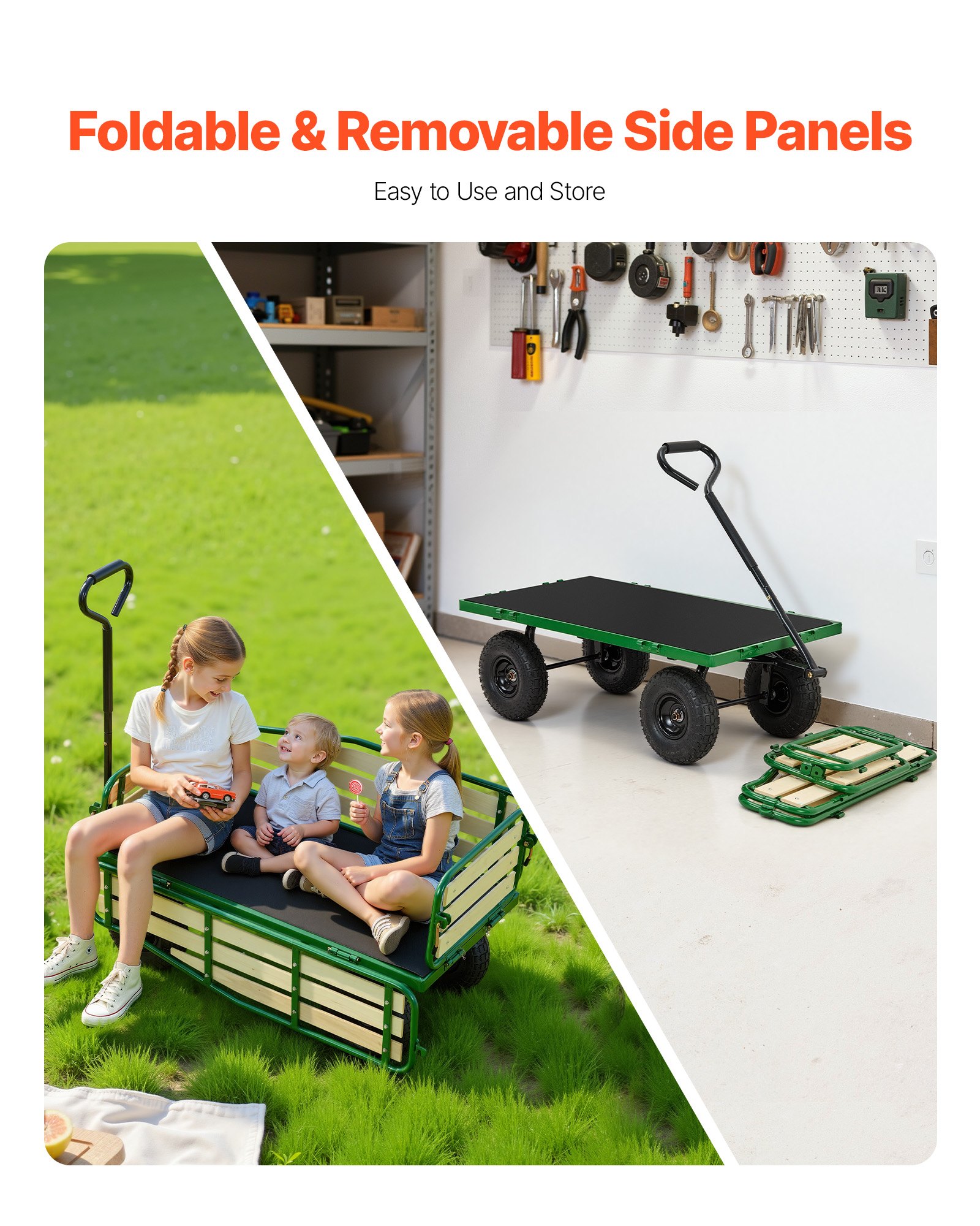 VEVOR Carro de Playa con Ruedas 118 x 52 x 61 cm, Carga 250 kg, Madera y Acero Carbono, Resistente al Agua Clima y Óxido, Carrito Todo Terreno verde negro con Asa para Niños Camping Jardín Bebé Arena