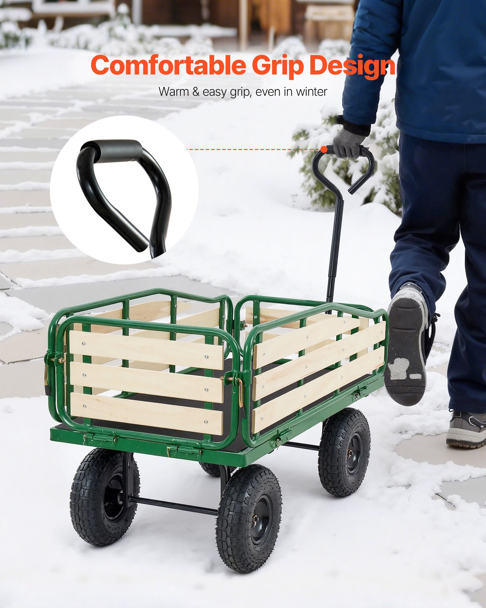 VEVOR Carro de Playa con Ruedas 118 x 52 x 61 cm, Carga 250 kg, Madera y Acero Carbono, Resistente al Agua Clima y Óxido, Carrito Todo Terreno verde negro con Asa para Niños Camping Jardín Bebé Arena