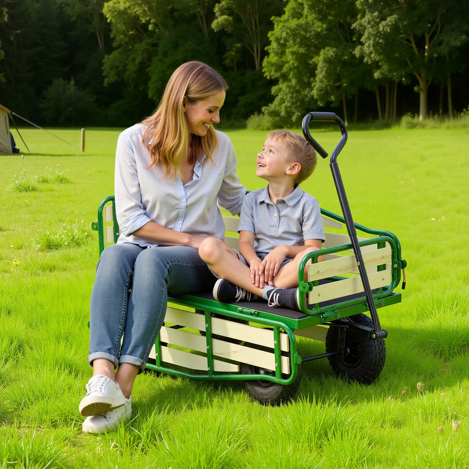 VEVOR Carro de Playa con Ruedas 118 x 52 x 61 cm, Carga 250 kg, Madera y Acero Carbono, Resistente al Agua Clima y Óxido, Carrito Todo Terreno verde negro con Asa para Niños Camping Jardín Bebé Arena