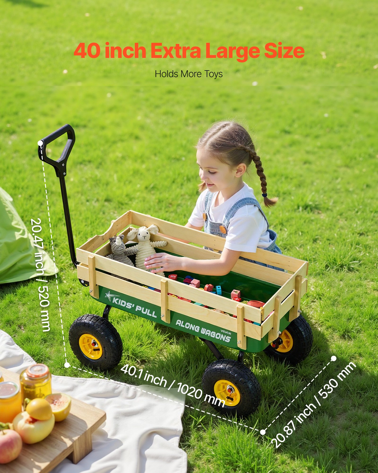 VEVOR Carro de Playa con Ruedas 102 x 53 x 52 cm, Carga 150 kg, Acero Carbono Madera, Resistente al Clima Óxido y Agua, Carrito Todo Terreno Verde Amarillo con Asa para Niños Camping Jardín Exteriores