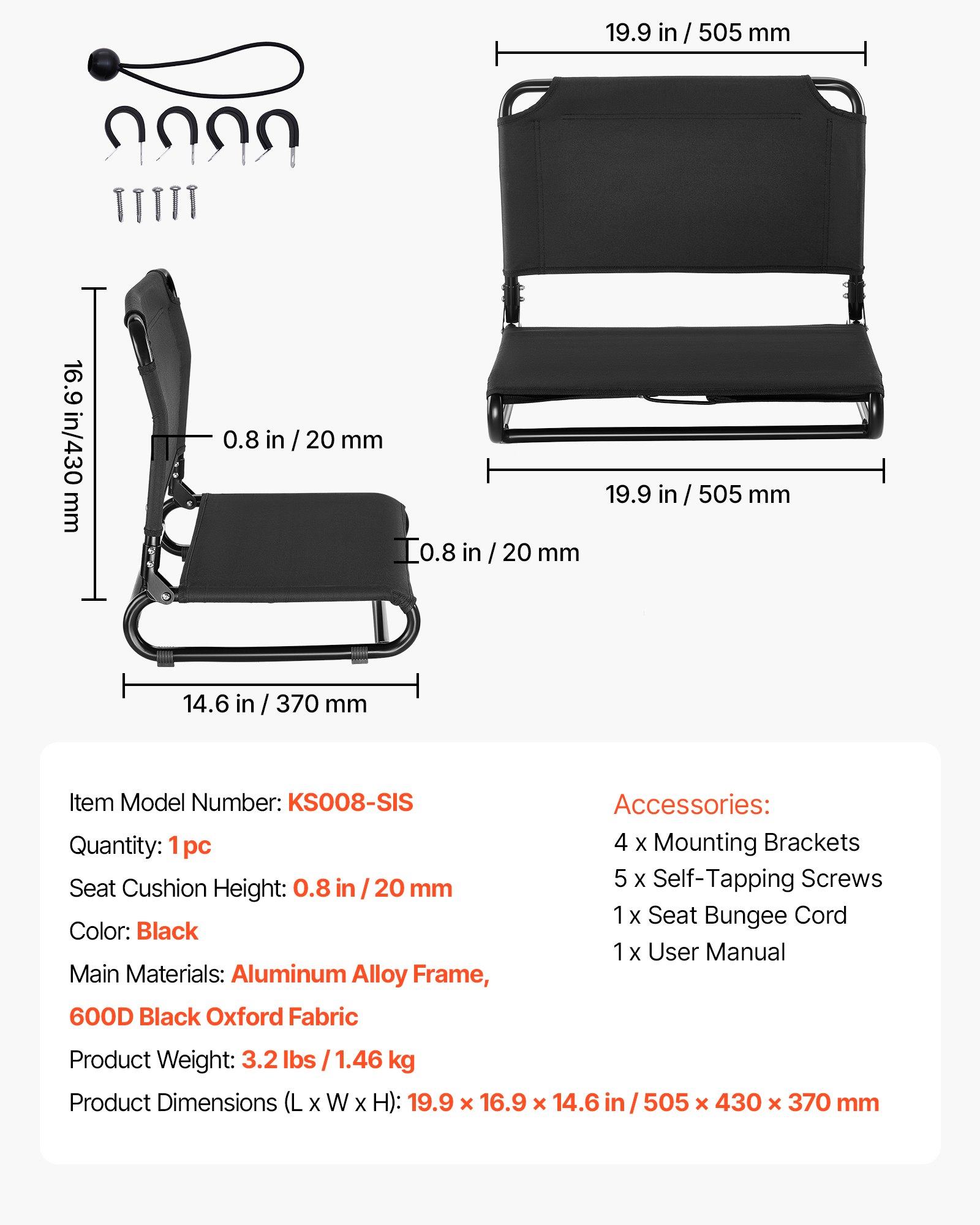 VEVOR Asiento para Kayaks Plegable 1 Pieza, Asiento de Canoa Altura Elevada de 2 cm, con Respaldo Estructura de Aleación de Aluminio para Tamarack, Tahoma, Tioga, Spitfire, Kenai, Bote de Pesca