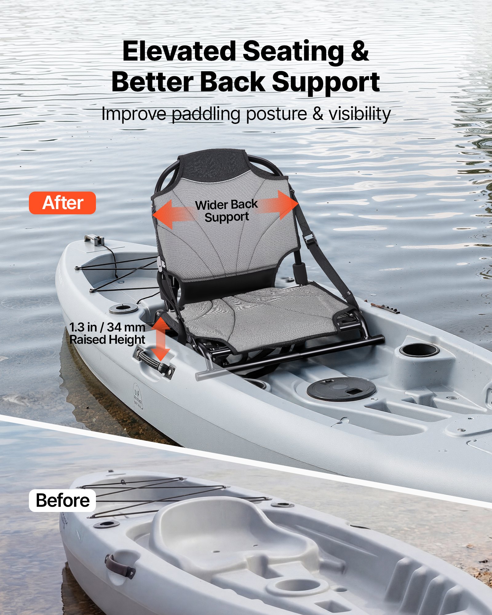 VEVOR Asiento para Kayaks Plegable 1 Pieza, Asiento de Canoa Altura Elevada de 34 mm, con Respaldo y Correas Ajustables, Estructura de Aleación de Aluminio para Bote de Pesca, Tabla de Paddle