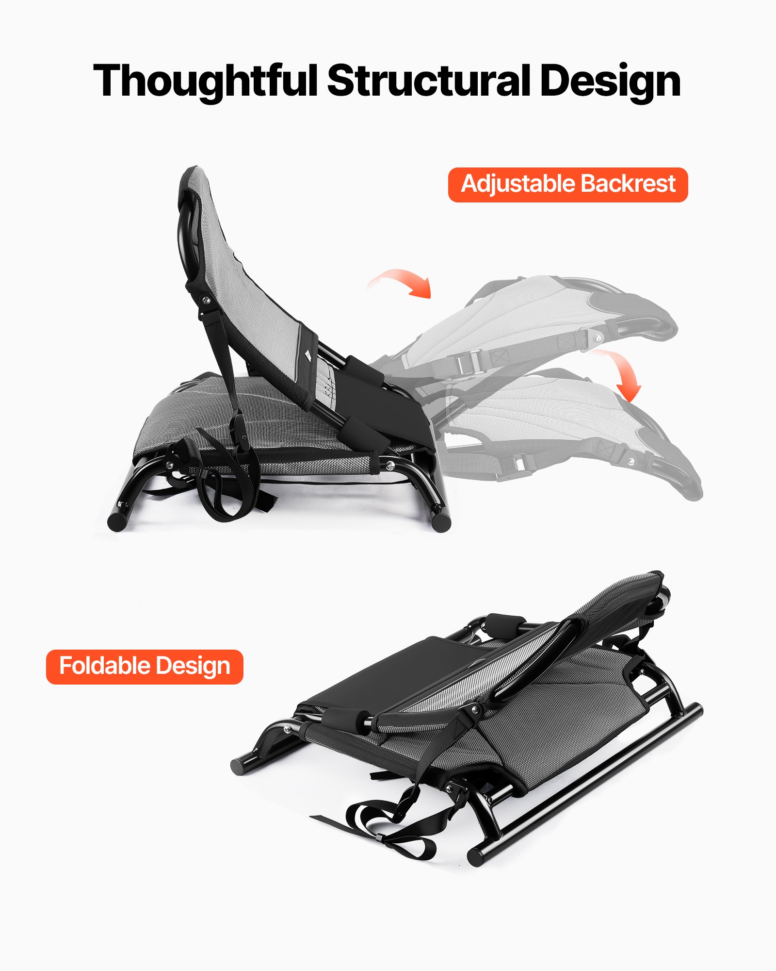 VEVOR Asiento para Kayaks Plegable 1 Pieza, Asiento de Canoa Altura Elevada de 34 mm, con Respaldo y Correas Ajustables, Estructura de Aleación de Aluminio para Bote de Pesca, Tabla de Paddle