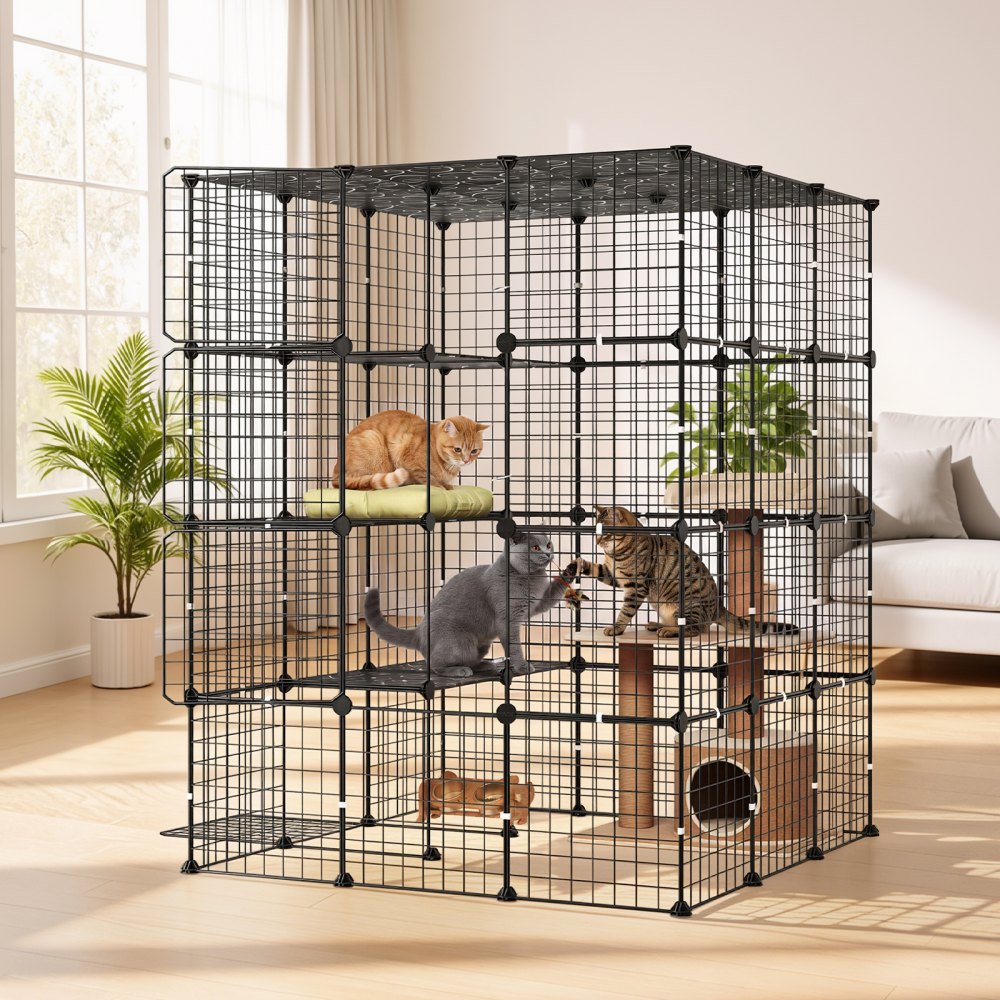 VEVOR Jaula para Gatos de 4 Niveles 104,1x104,1x139,7 cm Recinto para Gatos, Casa para Gatitos de Interior, Alambre de Metal Reforzado, con 4 Puertas, Parque de Mascotas para Comer Jugar Descansar