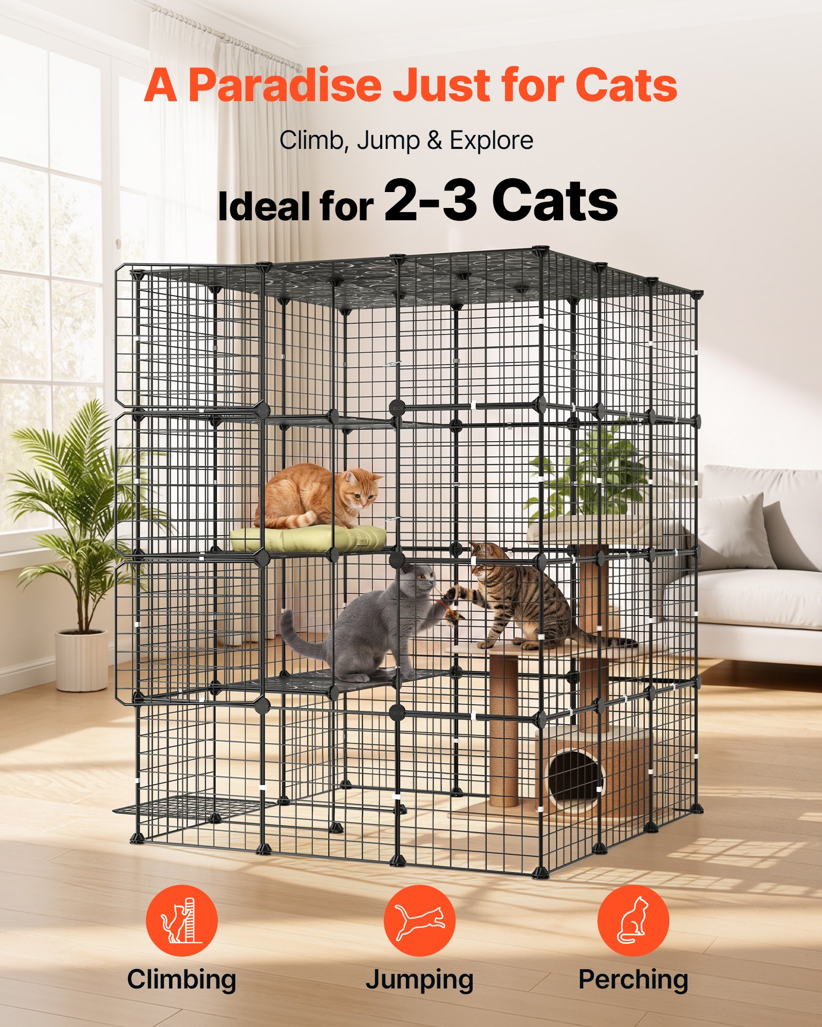 VEVOR Jaula para Gatos de 4 Niveles 104,1x104,1x139,7 cm Recinto para Gatos, Casa para Gatitos de Interior, Alambre de Metal Reforzado, con 4 Puertas, Parque de Mascotas para Comer Jugar Descansar