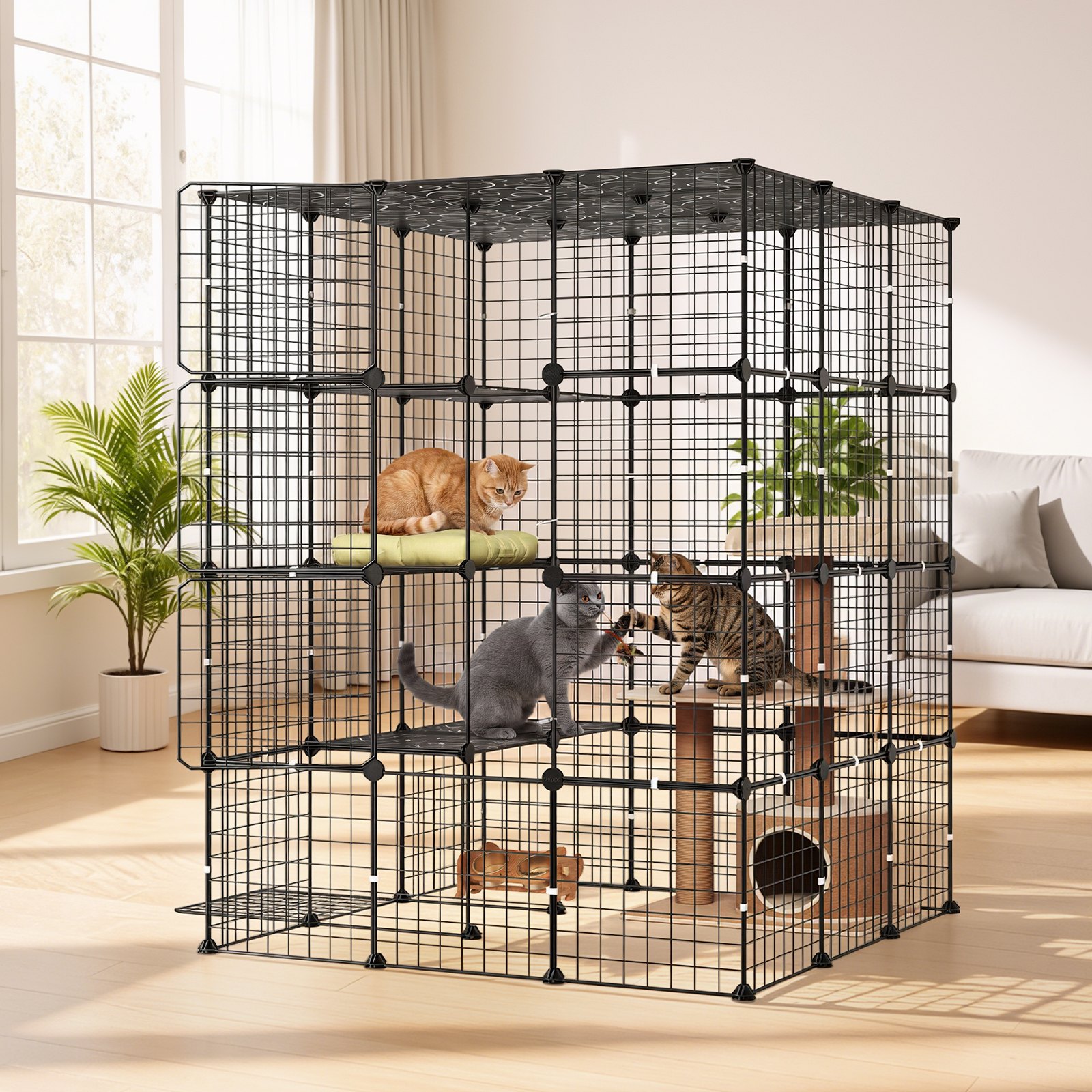 VEVOR Jaula para Gatos de 4 Niveles 104,1x104,1x139,7 cm Recinto para Gatos, Casa para Gatitos de Interior, Alambre de Metal Reforzado, con 4 Puertas, Parque de Mascotas para Comer Jugar Descansar