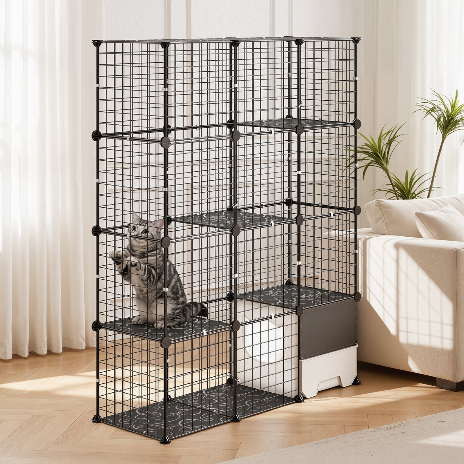 VEVOR Jaula para Gatos de 4 Niveles 104,1 x 35,5 x 139,7 cm Jaula de Metal, con Puertas Plataformas y Caja Pequeña, Conectores Reforzados, Parque de Gatos, para Trepar Jugar Descansar, Color Negro