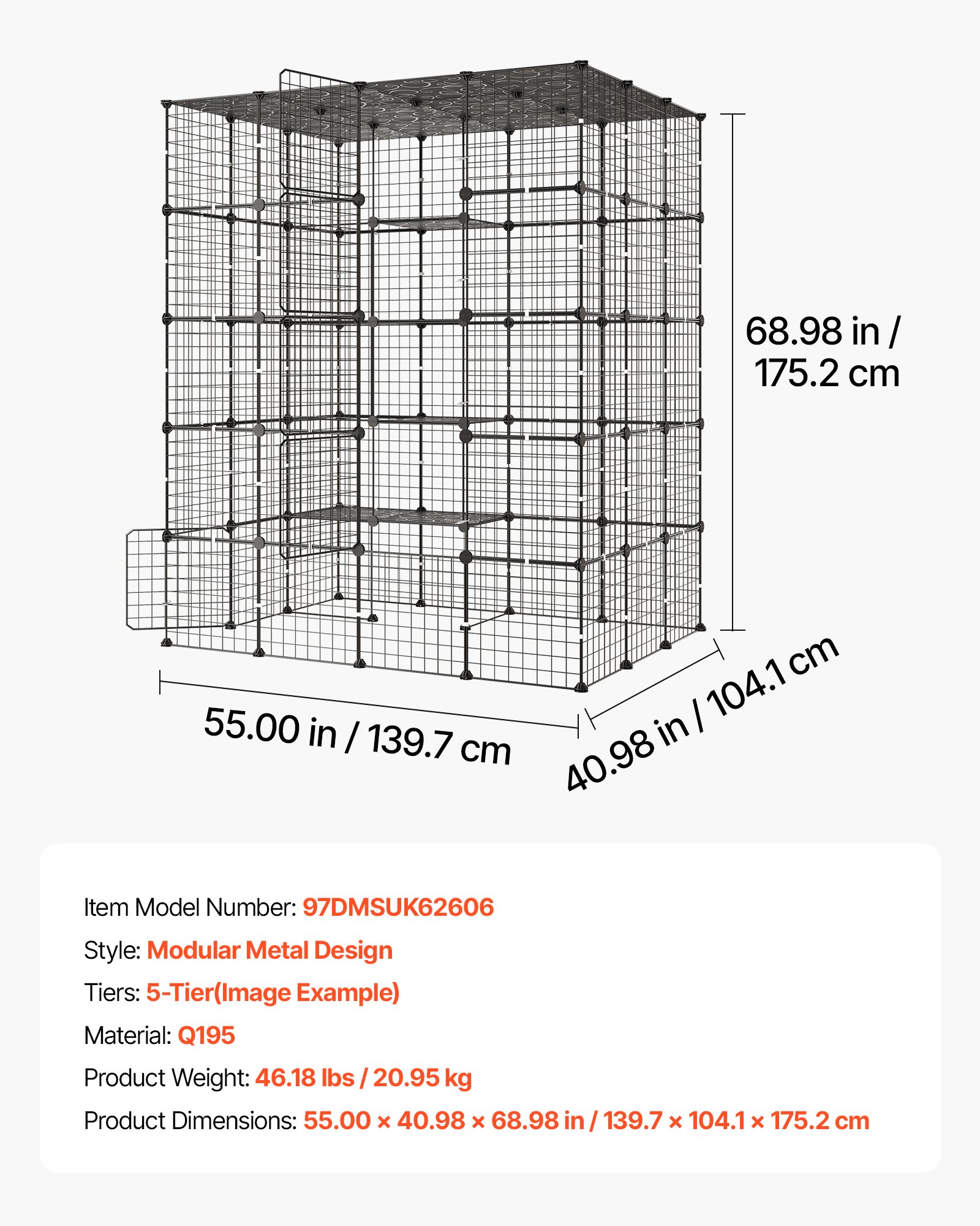 VEVOR Jaula para Gatos de 5 Niveles 139,7x104,1x175,2 cm Parque para Gatos, Jaula Grande de Metal para Interior, Alambre Metálico, Conectores Reforzados, con 5 Puertas, Corral de Animalitos para Jugar