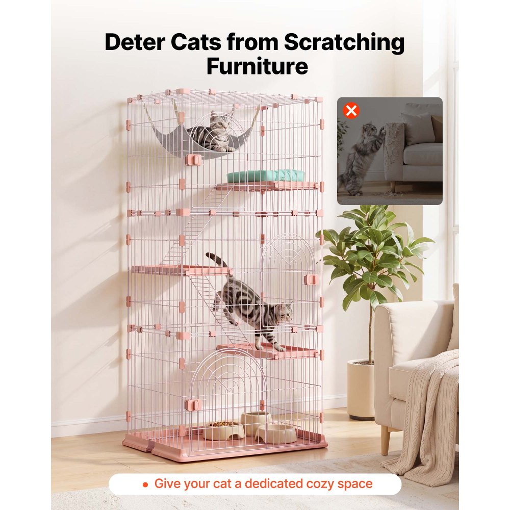 VEVOR Jaula para Gatos de 4 Niveles 84 x 60,5 x 163,5 cm Recinto para Gatos, con Plataformas y Escaleras, Puertas con Cerrojo, Alambre Metálico, Parque de Mascotas para Jugar Descansar, Color Rosado