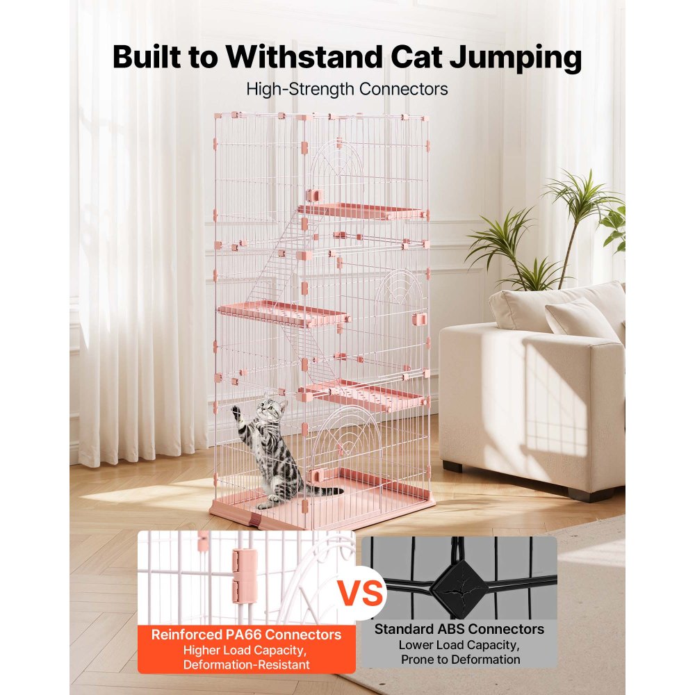 VEVOR Jaula para Gatos de 4 Niveles 84 x 60,5 x 163,5 cm Recinto para Gatos, con Plataformas y Escaleras, Puertas con Cerrojo, Alambre Metálico, Parque de Mascotas para Jugar Descansar, Color Rosado