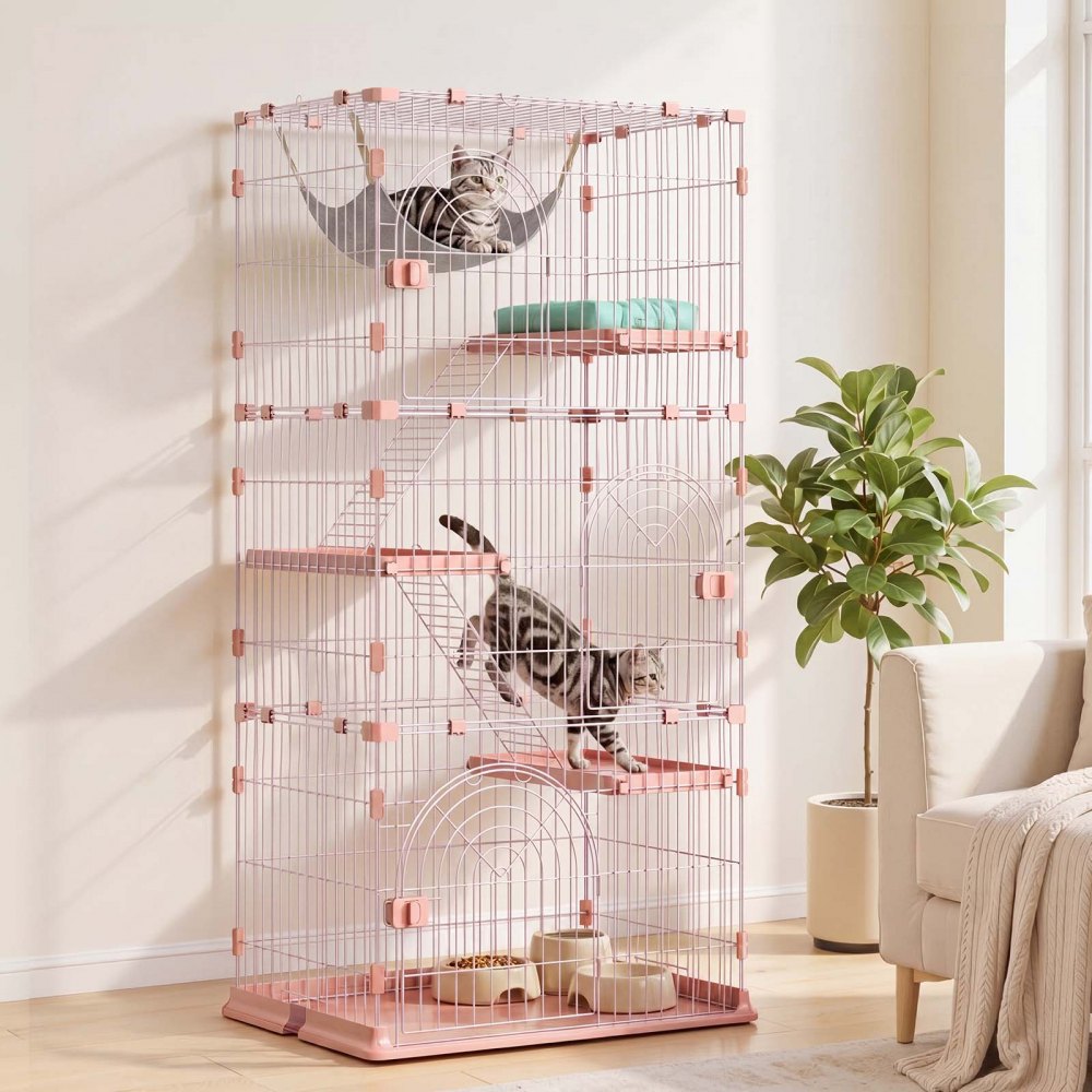 VEVOR Jaula para Gatos de 4 Niveles 84 x 60,5 x 163,5 cm Recinto para Gatos, con Plataformas y Escaleras, Puertas con Cerrojo, Alambre Metálico, Parque de Mascotas para Jugar Descansar, Color Rosado