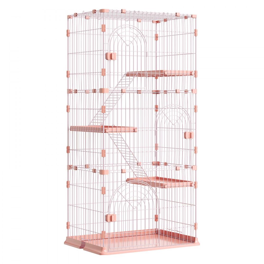 VEVOR Jaula para Gatos de 4 Niveles 84 x 60,5 x 163,5 cm Recinto para Gatos, con Plataformas y Escaleras, Puertas con Cerrojo, Alambre Metálico, Parque de Mascotas para Jugar Descansar, Color Rosado