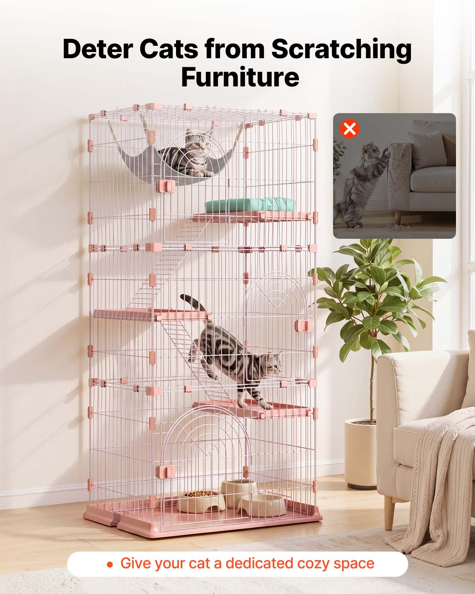 VEVOR Jaula para Gatos de 4 Niveles 84 x 60,5 x 163,5 cm Recinto para Gatos, con Plataformas y Escaleras, Puertas con Cerrojo, Alambre Metálico, Parque de Mascotas para Jugar Descansar, Color Rosado