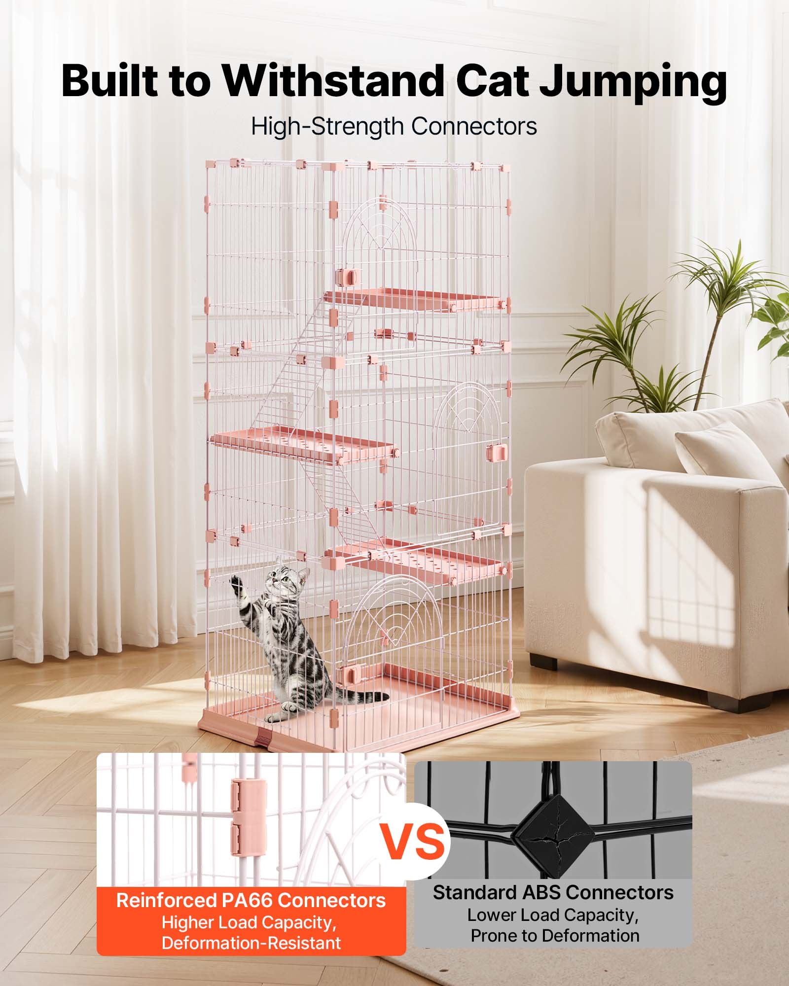 VEVOR Jaula para Gatos de 4 Niveles 84 x 60,5 x 163,5 cm Recinto para Gatos, con Plataformas y Escaleras, Puertas con Cerrojo, Alambre Metálico, Parque de Mascotas para Jugar Descansar, Color Rosado