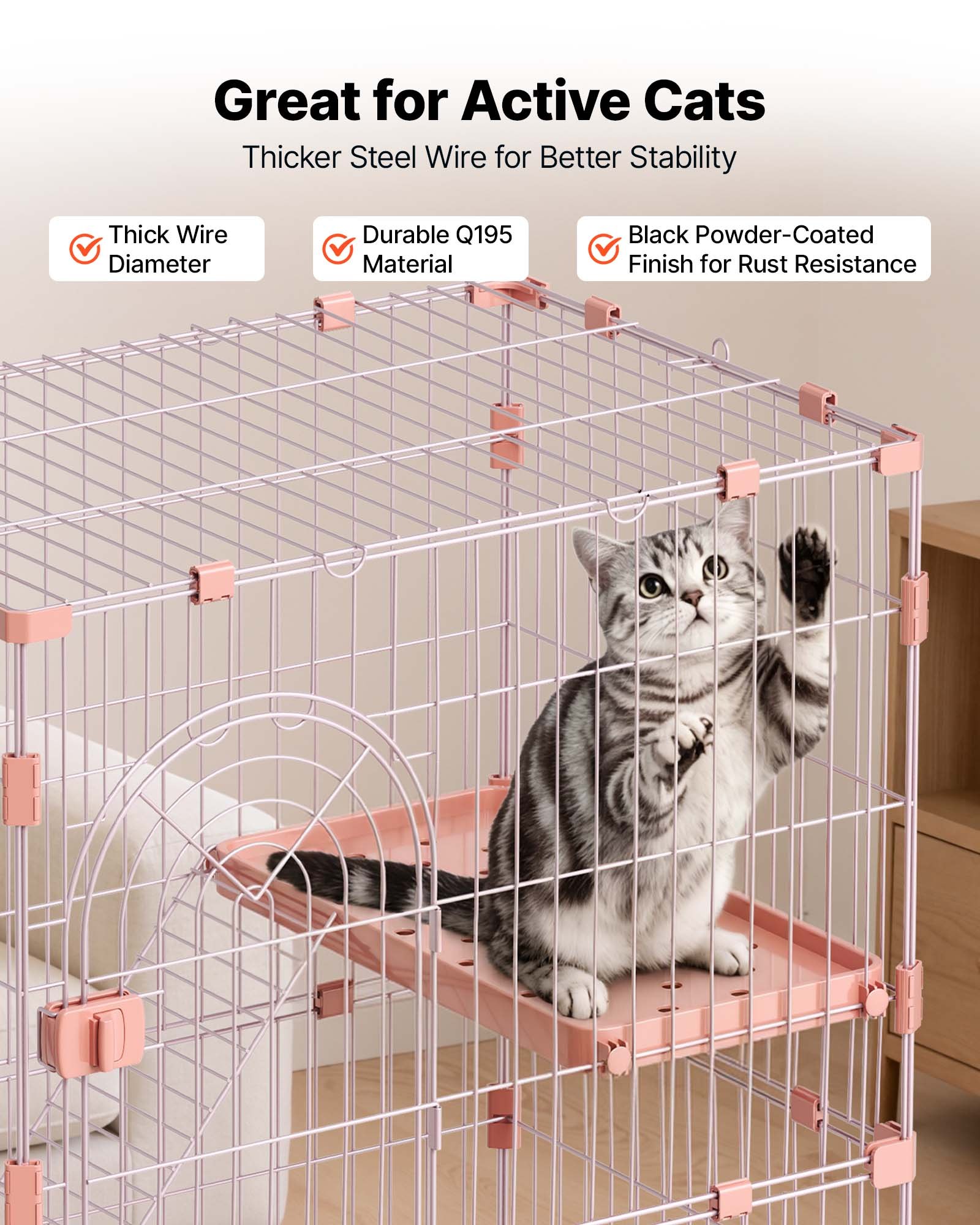 VEVOR Jaula para Gatos de 4 Niveles 84 x 60,5 x 163,5 cm Recinto para Gatos, con Plataformas y Escaleras, Puertas con Cerrojo, Alambre Metálico, Parque de Mascotas para Jugar Descansar, Color Rosado