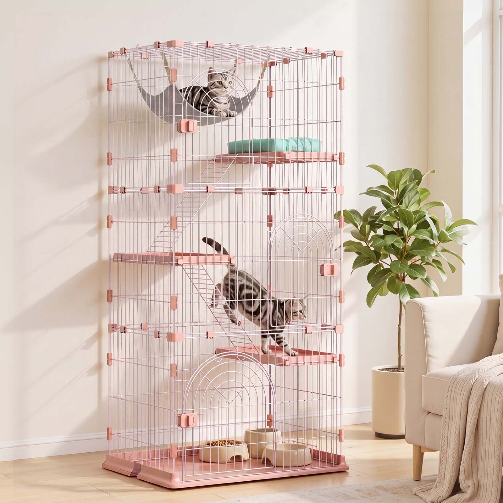 VEVOR Jaula para Gatos de 4 Niveles 84 x 60,5 x 163,5 cm Recinto para Gatos, con Plataformas y Escaleras, Puertas con Cerrojo, Alambre Metálico, Parque de Mascotas para Jugar Descansar, Color Rosado