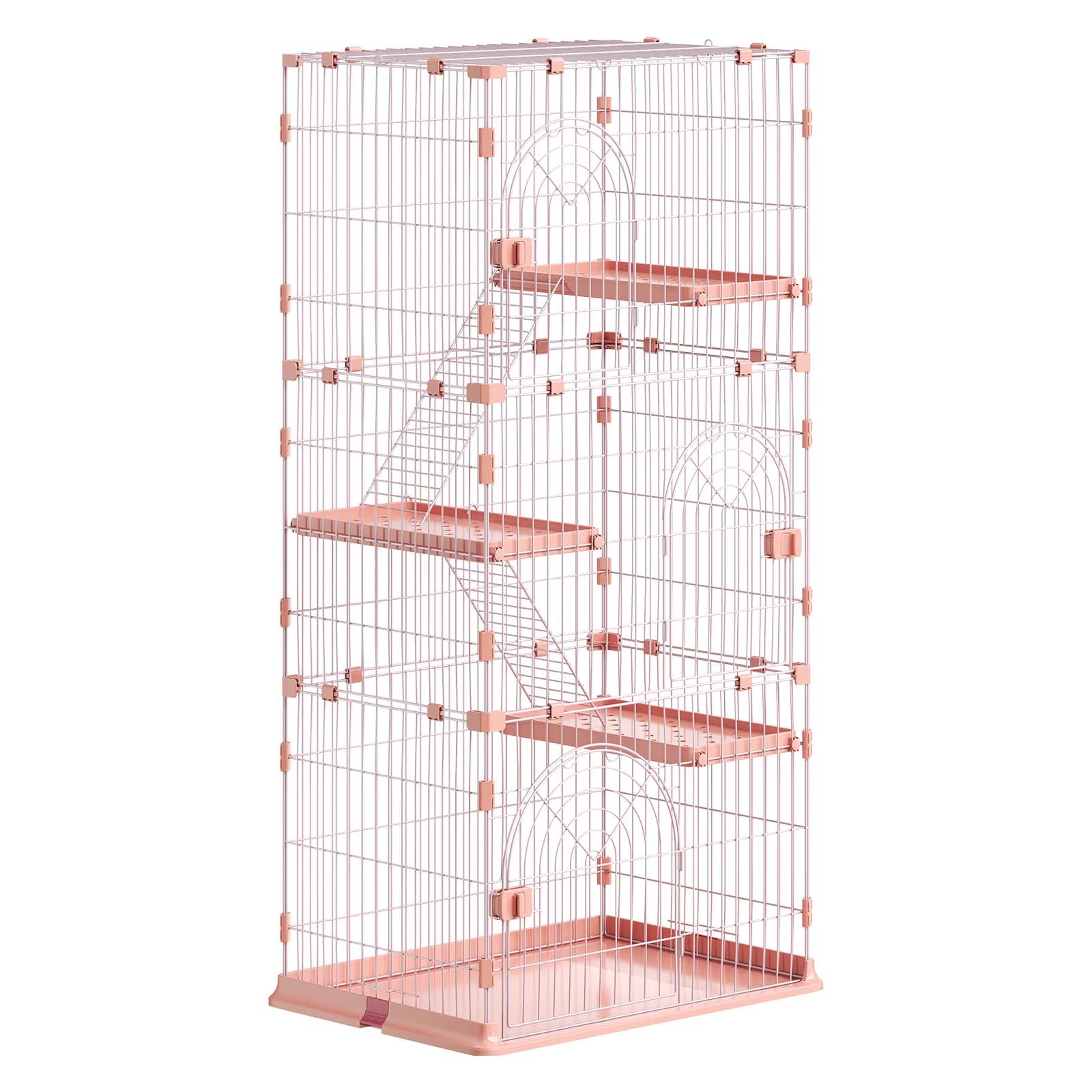VEVOR Jaula para Gatos de 4 Niveles 84 x 60,5 x 163,5 cm Recinto para Gatos, con Plataformas y Escaleras, Puertas con Cerrojo, Alambre Metálico, Parque de Mascotas para Jugar Descansar, Color Rosado
