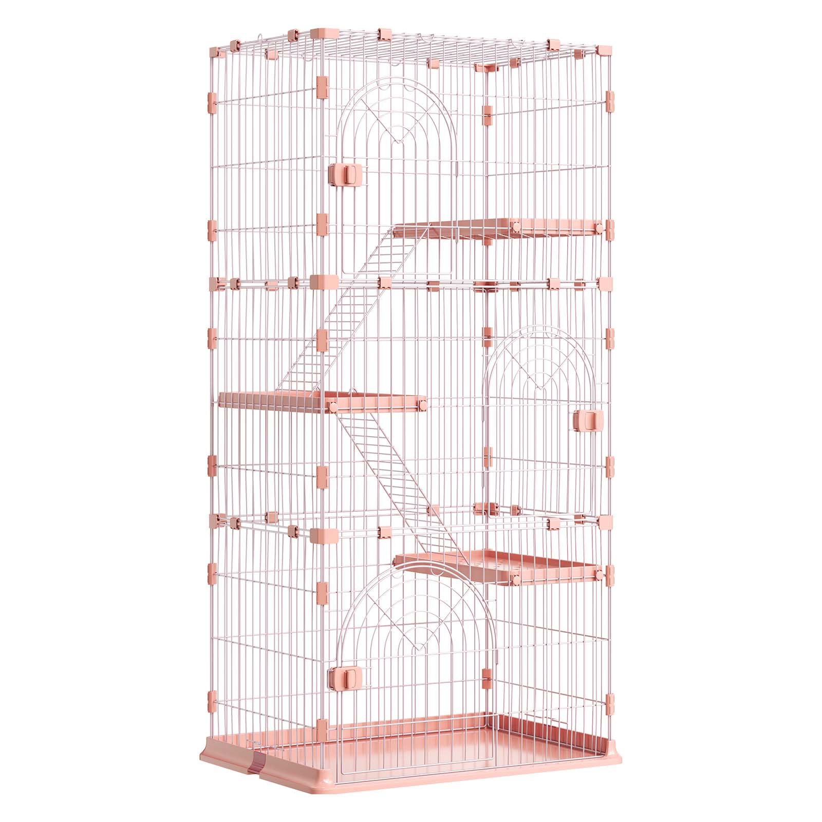 VEVOR Jaula para Gatos de 4 Niveles 84 x 60,5 x 163,5 cm Recinto para Gatos, con Plataformas y Escaleras, Puertas con Cerrojo, Alambre Metálico, Parque de Mascotas para Jugar Descansar, Color Rosado