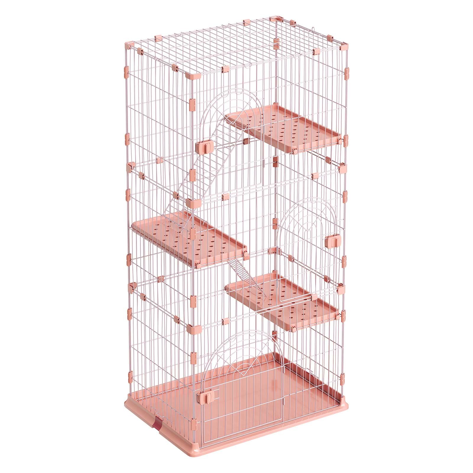 VEVOR Jaula para Gatos de 4 Niveles 84 x 60,5 x 163,5 cm Recinto para Gatos, con Plataformas y Escaleras, Puertas con Cerrojo, Alambre Metálico, Parque de Mascotas para Jugar Descansar, Color Rosado