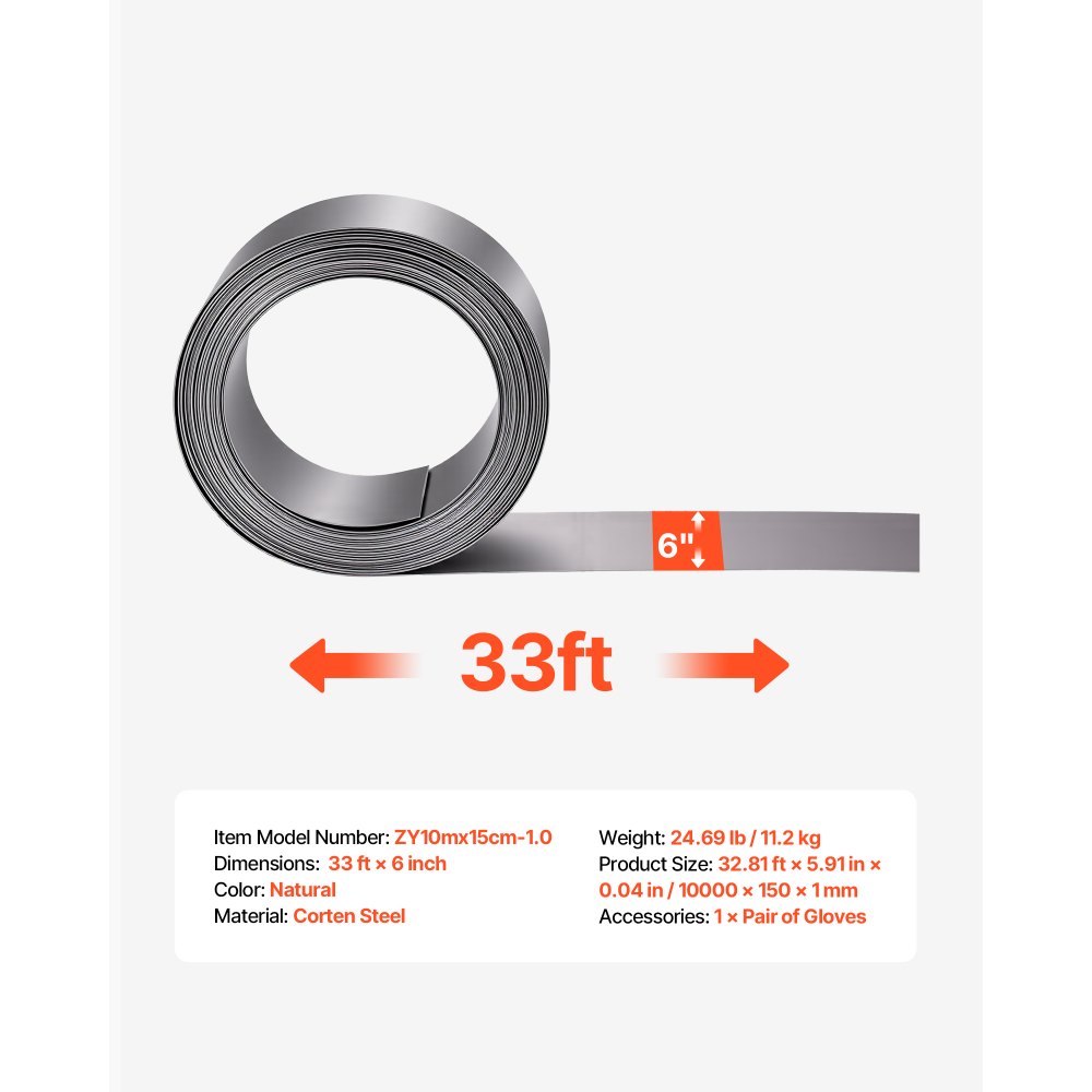VEVOR Borde de Césped de Acero Corten 10 m x 15 cm, Delimitador Exterior en Rollo, Separador Metálico Resistente, Bordura de Jardín Flexible con 1 Par de Guantes para Parterres Senderos Paisajismo