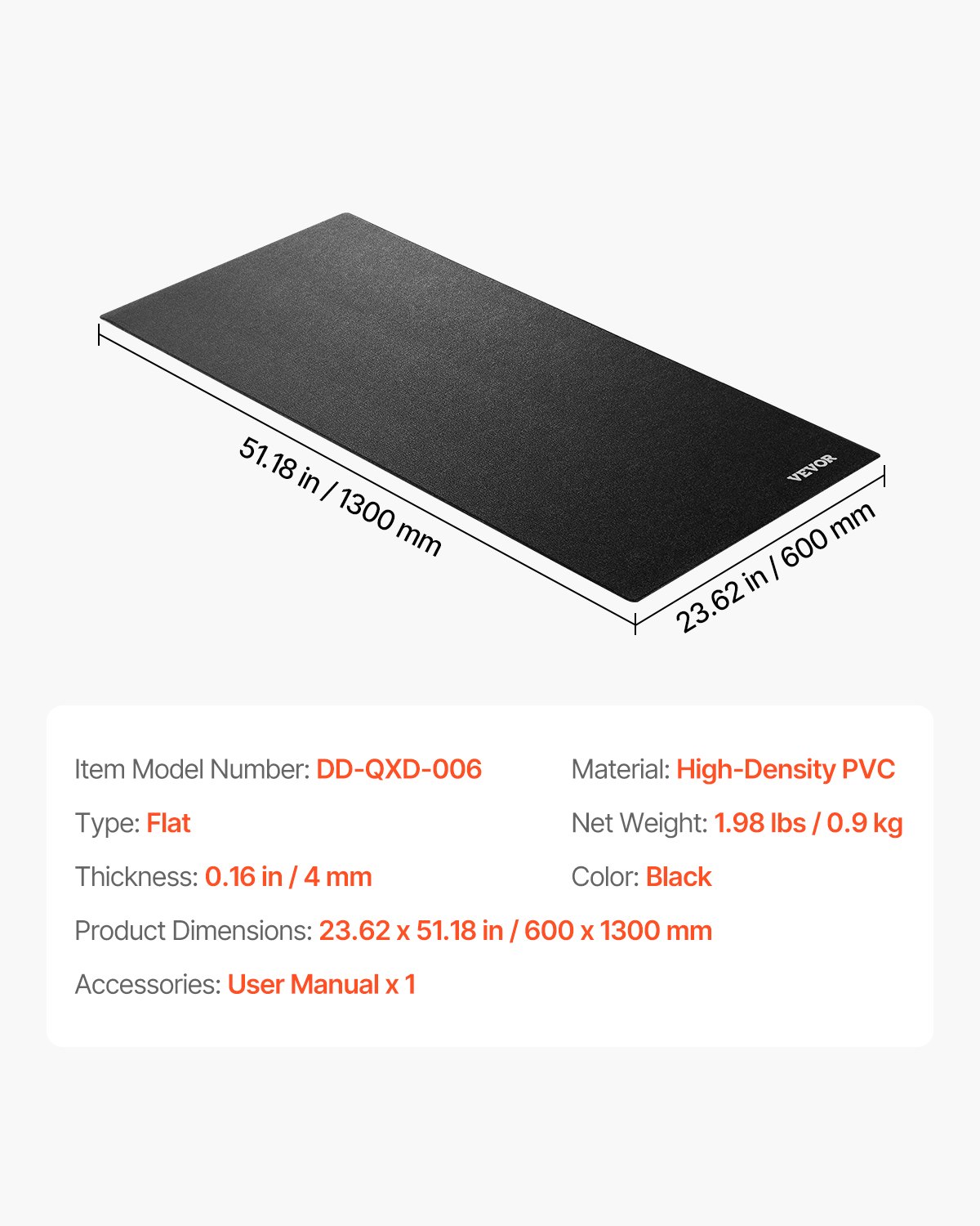 VEVOR Treadmill Mat for Carpeted Floors, Floor Protection Mat (60 x 130 cm) for Exercise Equipment, 4 mm Thick, Training Equipment Mat for Treadmills, Walking Pad, Elliptical Trainers, High-Density PVC Floor Protection