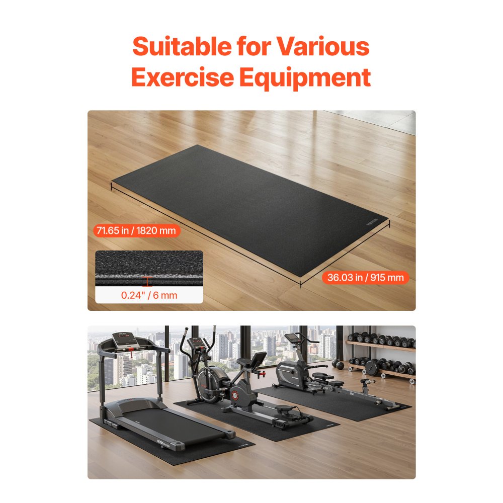VEVOR Treadmill Mat for Carpeted Floors, Floor Protection Mat (915 x 1820 mm) for Exercise Equipment, 6 mm Thick, Training Equipment Mat for Treadmills, Elliptical Trainers, Rowing Machines, High-Density PVC Floor Protection