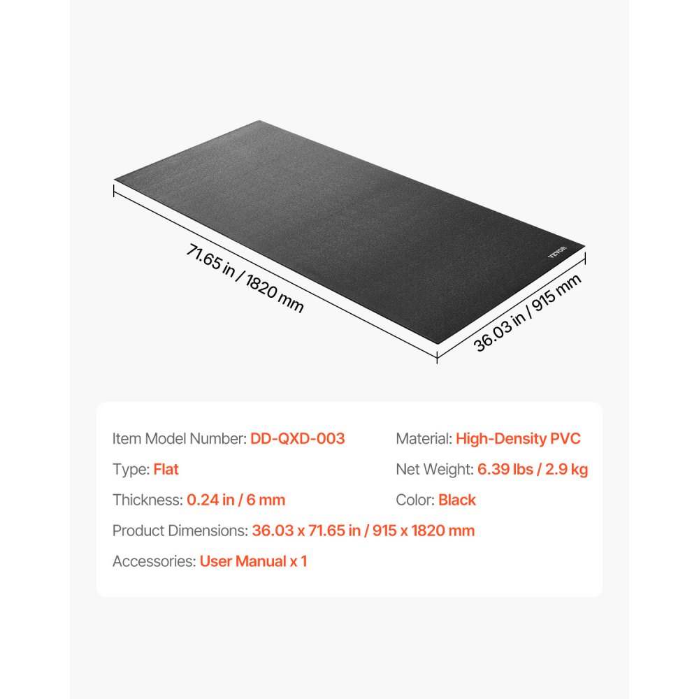 VEVOR Treadmill Mat for Carpeted Floors, Floor Protection Mat (915 x 1820 mm) for Exercise Equipment, 6 mm Thick, Training Equipment Mat for Treadmills, Elliptical Trainers, Rowing Machines, High-Density PVC Floor Protection