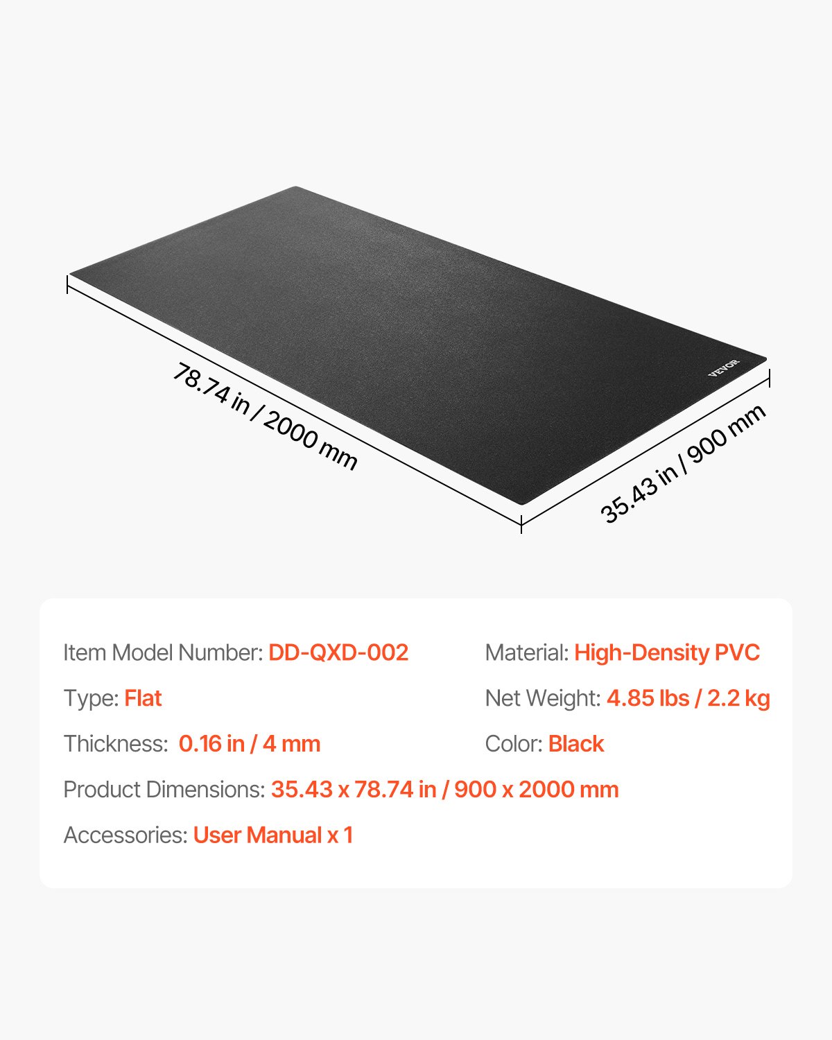 VEVOR Treadmill Mat for Carpeted Floors, Floor Protection Mat (90 x 200 cm) for Exercise Equipment, 4 mm Thick, Training Equipment Mat for Treadmills, Elliptical Trainers, Rowing Machines, High-Density PVC Floor Protection