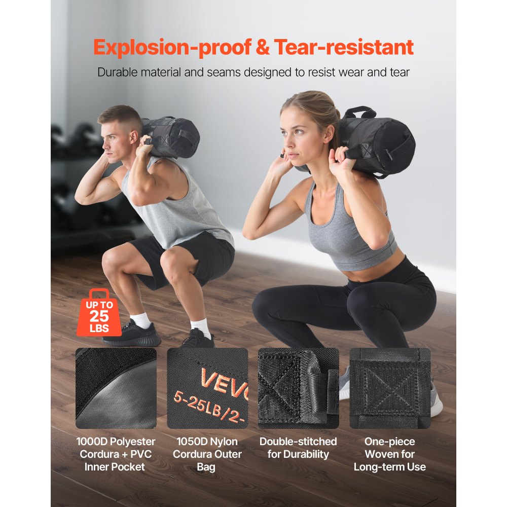 VEVOR Saco de Arena para Fitness, Resistente, con Asas, 2,2 a 11,3 kg, para Entrenamiento de Fuerza, con Pesas, Entrenamiento Cruzado y Gimnasio en Casa, Negro, sin Relleno, 500 x 165 x 165 mm