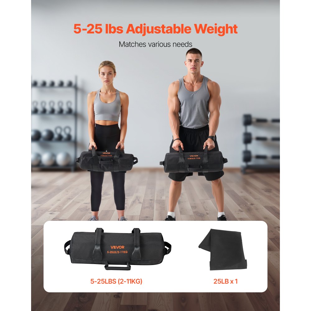 VEVOR Saco de Arena para Fitness, Resistente, con Asas, 2,2 a 11,3 kg, para Entrenamiento de Fuerza, con Pesas, Entrenamiento Cruzado y Gimnasio en Casa, Negro, sin Relleno, 500 x 165 x 165 mm