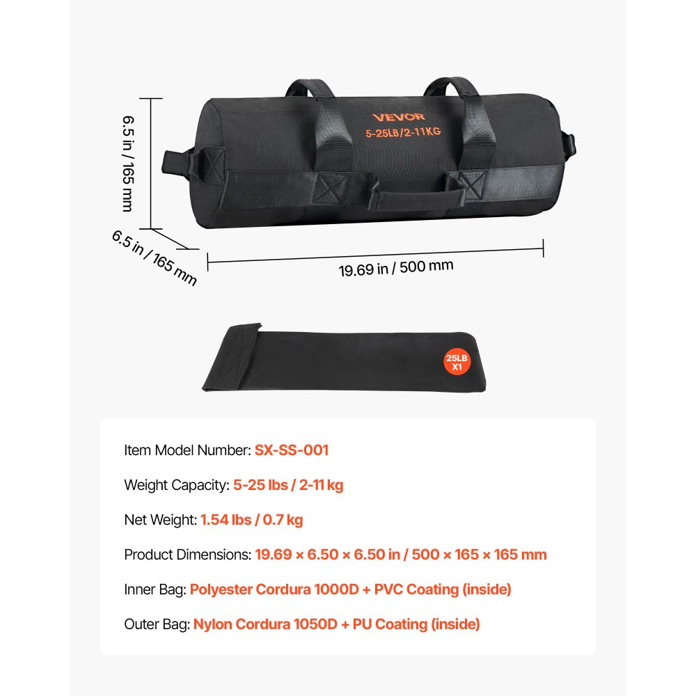 VEVOR Saco de Arena para Fitness, Resistente, con Asas, 2,2 a 11,3 kg, para Entrenamiento de Fuerza, con Pesas, Entrenamiento Cruzado y Gimnasio en Casa, Negro, sin Relleno, 500 x 165 x 165 mm