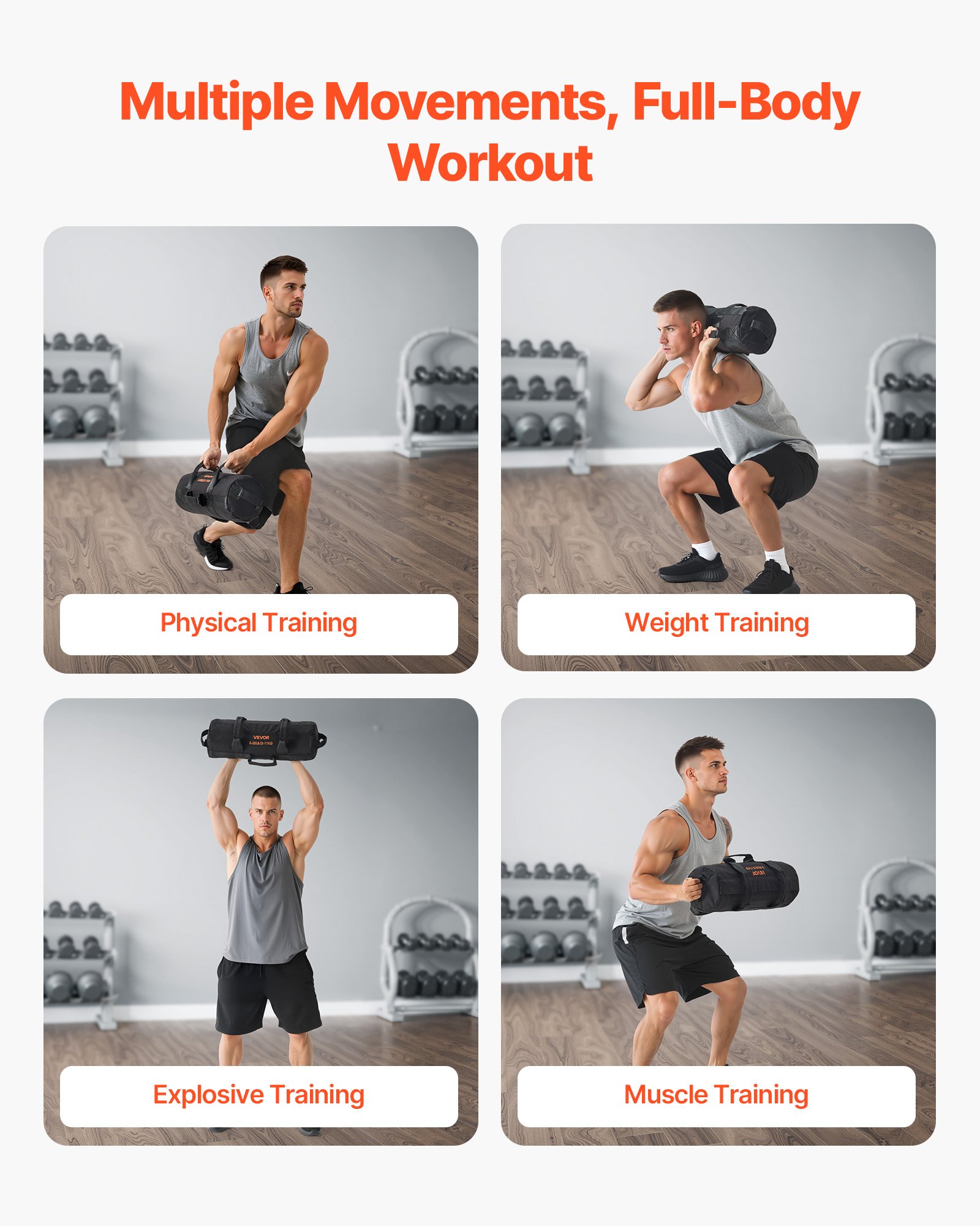 VEVOR Saco de Arena para Fitness, Resistente, con Asas, 2,2 a 11,3 kg, para Entrenamiento de Fuerza, con Pesas, Entrenamiento Cruzado y Gimnasio en Casa, Negro, sin Relleno, 500 x 165 x 165 mm