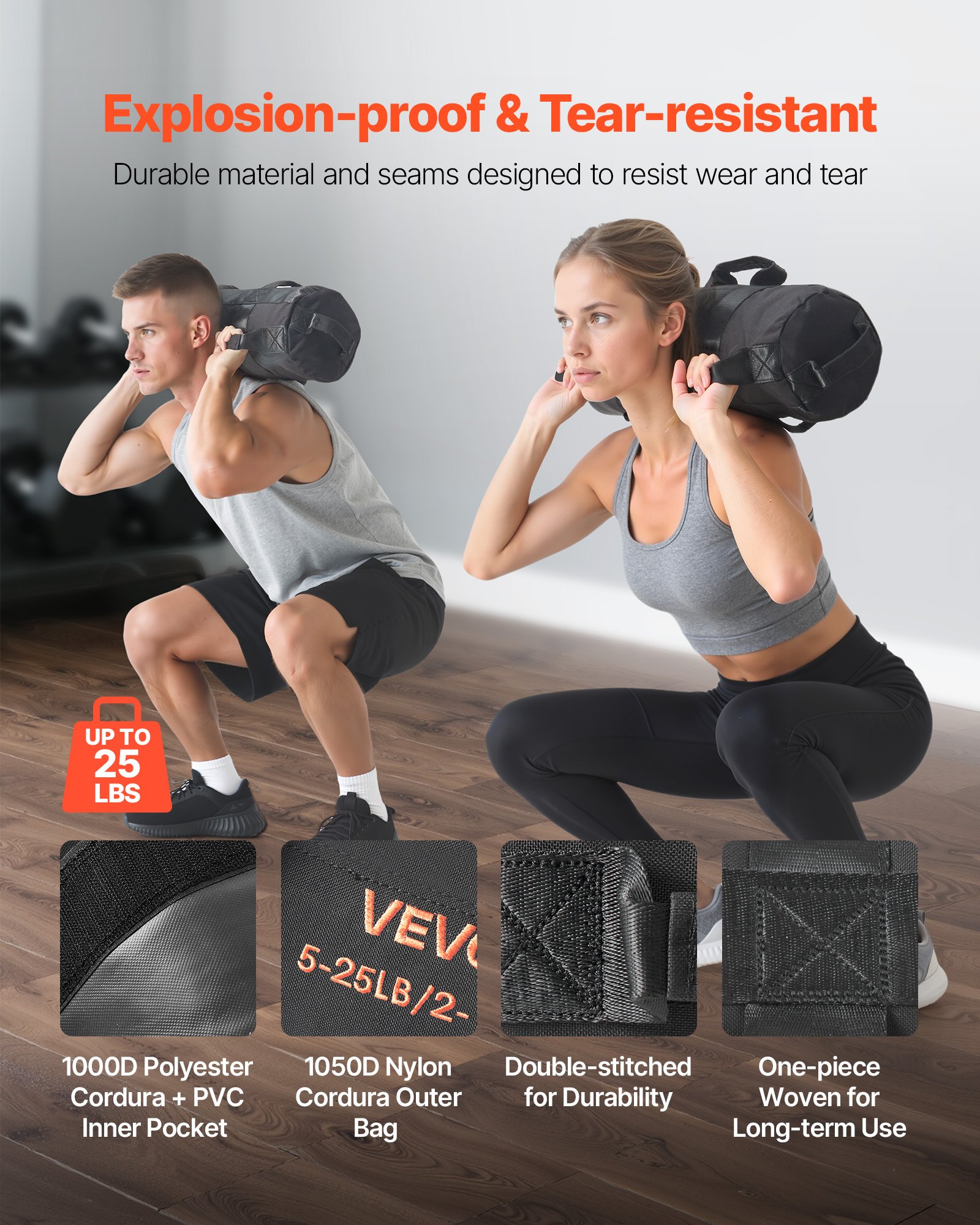 VEVOR Saco de Arena para Fitness, Resistente, con Asas, 2,2 a 11,3 kg, para Entrenamiento de Fuerza, con Pesas, Entrenamiento Cruzado y Gimnasio en Casa, Negro, sin Relleno, 500 x 165 x 165 mm