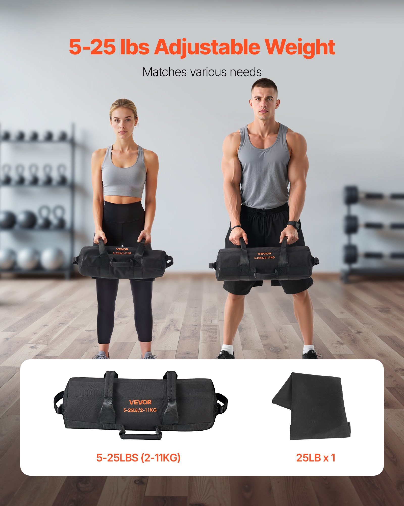 VEVOR Saco de Arena para Fitness, Resistente, con Asas, 2,2 a 11,3 kg, para Entrenamiento de Fuerza, con Pesas, Entrenamiento Cruzado y Gimnasio en Casa, Negro, sin Relleno, 500 x 165 x 165 mm
