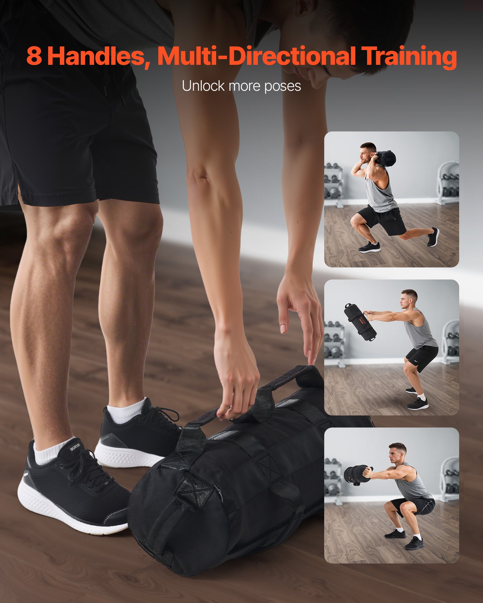 VEVOR Saco de Arena para Fitness, Resistente, con Asas, 2,2 a 11,3 kg, para Entrenamiento de Fuerza, con Pesas, Entrenamiento Cruzado y Gimnasio en Casa, Negro, sin Relleno, 500 x 165 x 165 mm