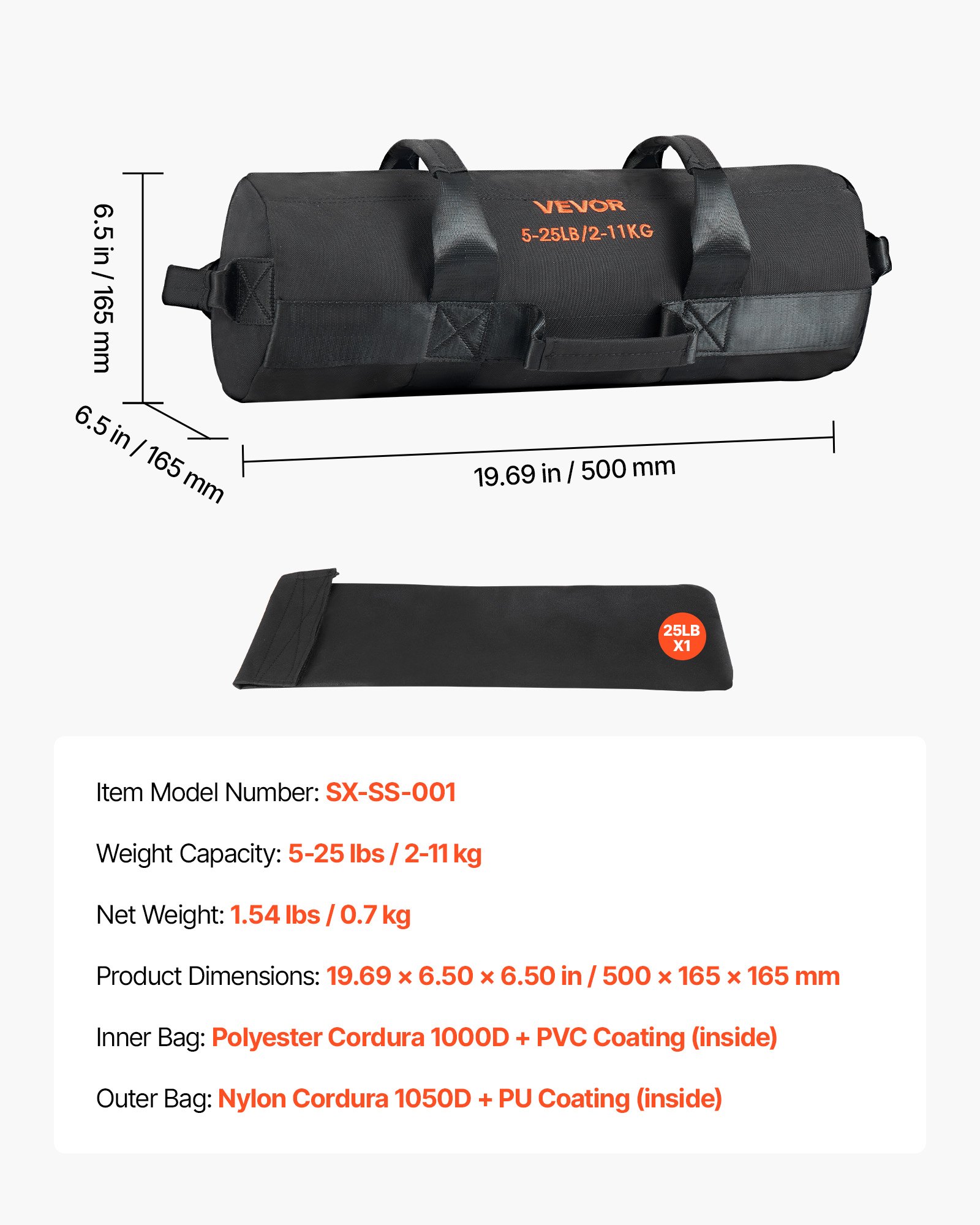 VEVOR Saco de Arena para Fitness, Resistente, con Asas, 2,2 a 11,3 kg, para Entrenamiento de Fuerza, con Pesas, Entrenamiento Cruzado y Gimnasio en Casa, Negro, sin Relleno, 500 x 165 x 165 mm