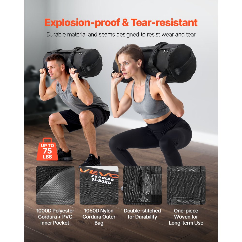 VEVOR Saco de Arena para Fitness, Resistente, con Asas, Ajustable, de 11 a 34 kg, para Entrenamiento de Fuerza, Entrenamiento Cruzado y Gimnasio en Casa, Negro, sin Relleno, 620 x 275 x 275 mm