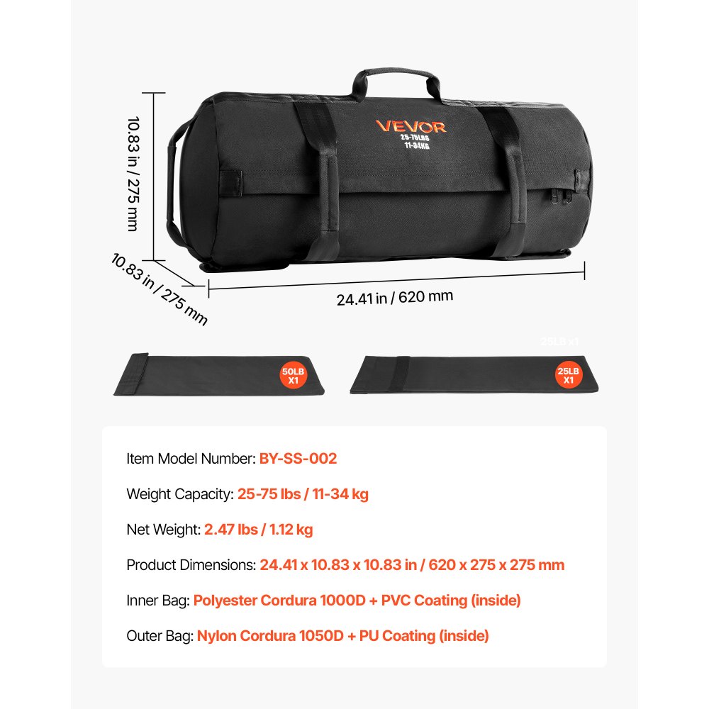 VEVOR Saco de Arena para Fitness, Resistente, con Asas, Ajustable, de 11 a 34 kg, para Entrenamiento de Fuerza, Entrenamiento Cruzado y Gimnasio en Casa, Negro, sin Relleno, 620 x 275 x 275 mm