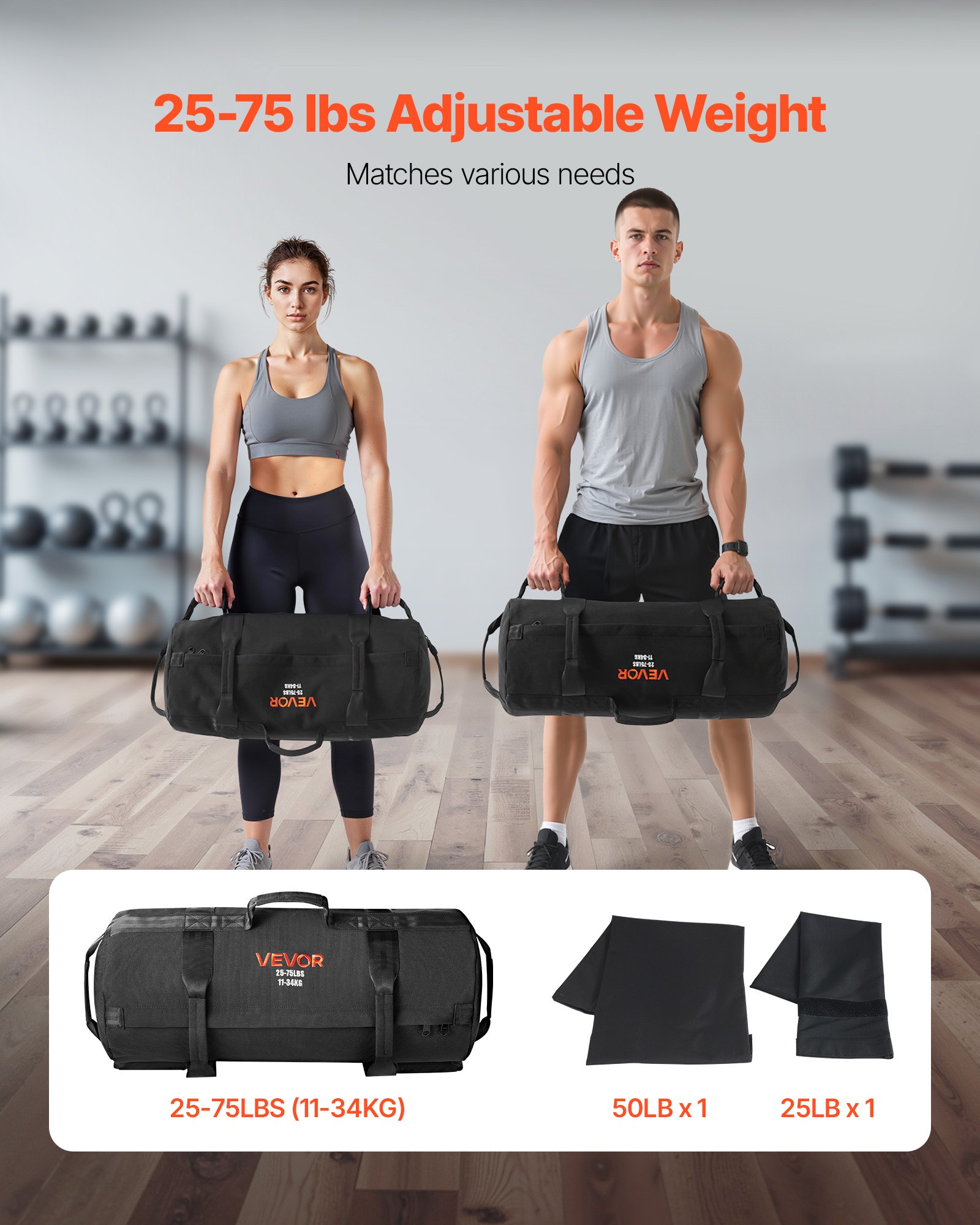 VEVOR Saco de Arena para Fitness, Resistente, con Asas, Ajustable, de 11 a 34 kg, para Entrenamiento de Fuerza, Entrenamiento Cruzado y Gimnasio en Casa, Negro, sin Relleno, 620 x 275 x 275 mm