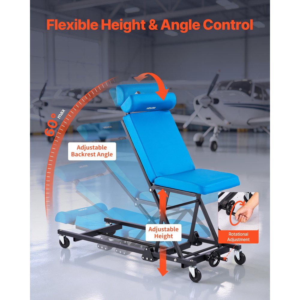 VEVOR Camilla Mecánica para Taller Altura Ajustable de 23-57 cm 4 Ruedas, Marco de Acero al Carbono, Carga de 258 kg, Con Respaldo y Reposacabezas Ajustables, Para Taller de Reparación de Automóvil