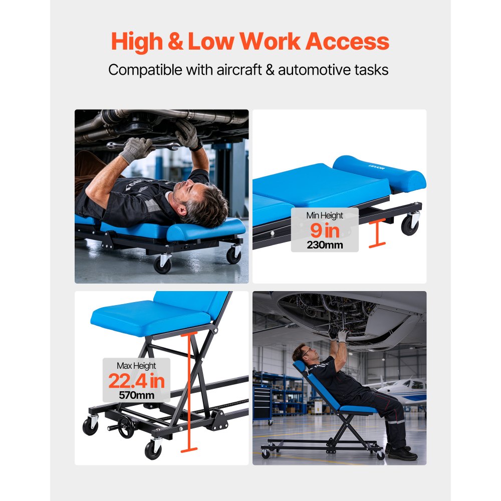 VEVOR Camilla Mecánica para Taller Altura Ajustable de 23-57 cm 4 Ruedas, Marco de Acero al Carbono, Carga de 258 kg, Con Respaldo y Reposacabezas Ajustables, Para Taller de Reparación de Automóvil