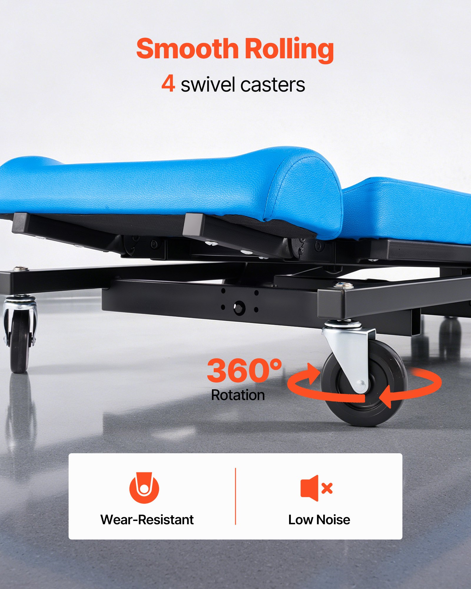 VEVOR Camilla Mecánica para Taller Altura Ajustable de 23-57 cm 4 Ruedas, Marco de Acero al Carbono, Carga de 258 kg, Con Respaldo y Reposacabezas Ajustables, Para Taller de Reparación de Automóvil