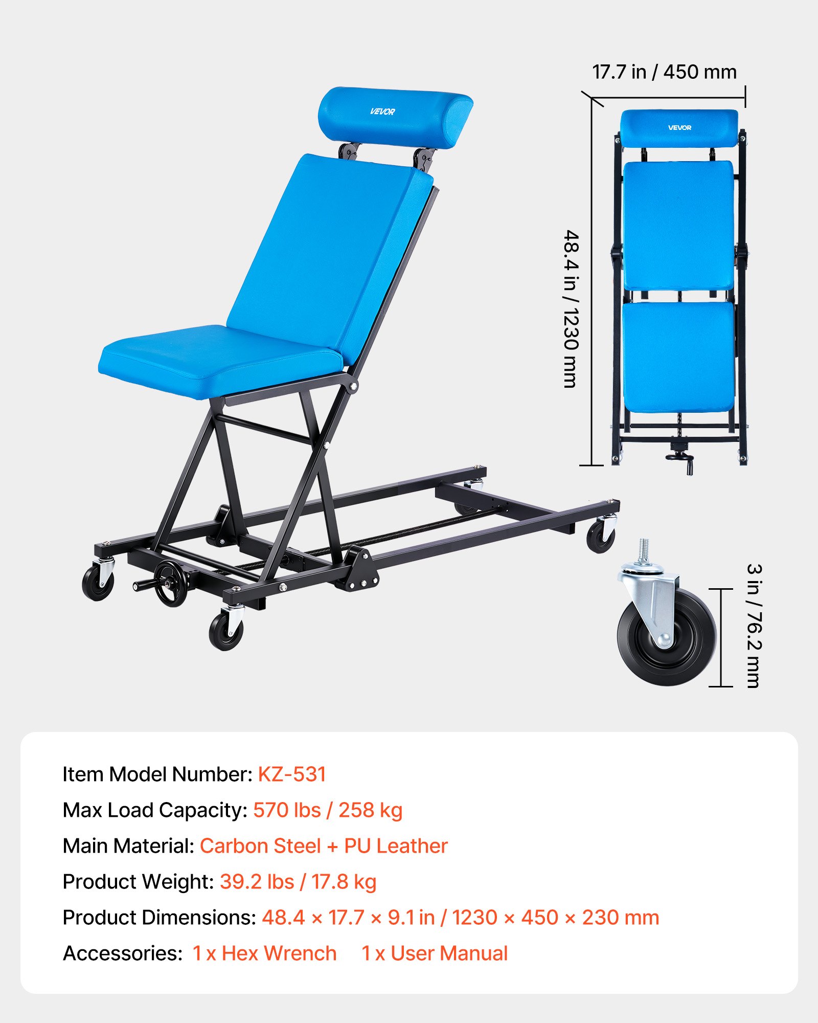 VEVOR Camilla Mecánica para Taller Altura Ajustable de 23-57 cm 4 Ruedas, Marco de Acero al Carbono, Carga de 258 kg, Con Respaldo y Reposacabezas Ajustables, Para Taller de Reparación de Automóvil