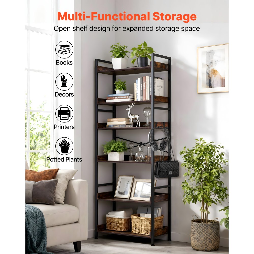 VEVOR Estantería Independiente Rectangular, 6 Niveles, Estilo Escalera Vintage con Estructura Metálica, con Estantes Abiertos, para Sala de Estar, Dormitorio, Cocina, Oficina, Marrón Rústico