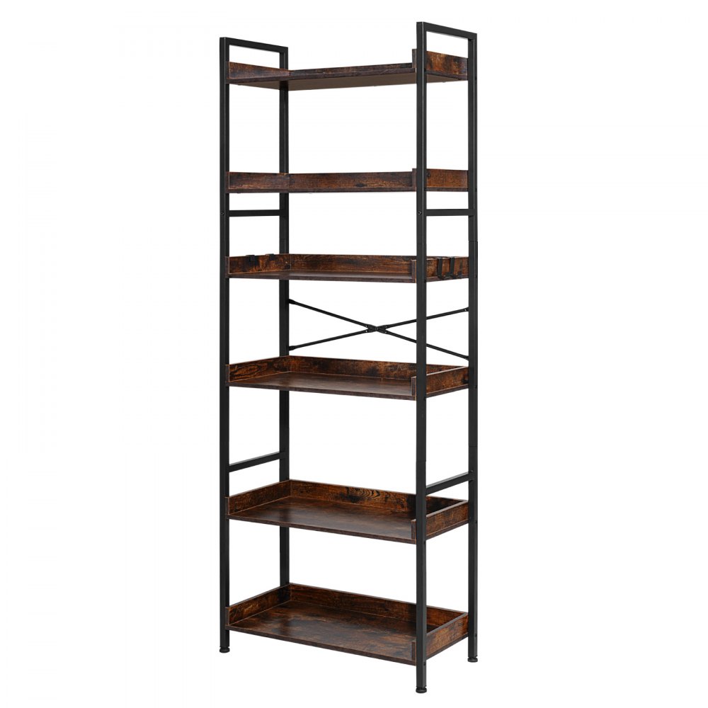 VEVOR Estantería Independiente Rectangular, 6 Niveles, Estilo Escalera Vintage con Estructura Metálica, con Estantes Abiertos, para Sala de Estar, Dormitorio, Cocina, Oficina, Marrón Rústico