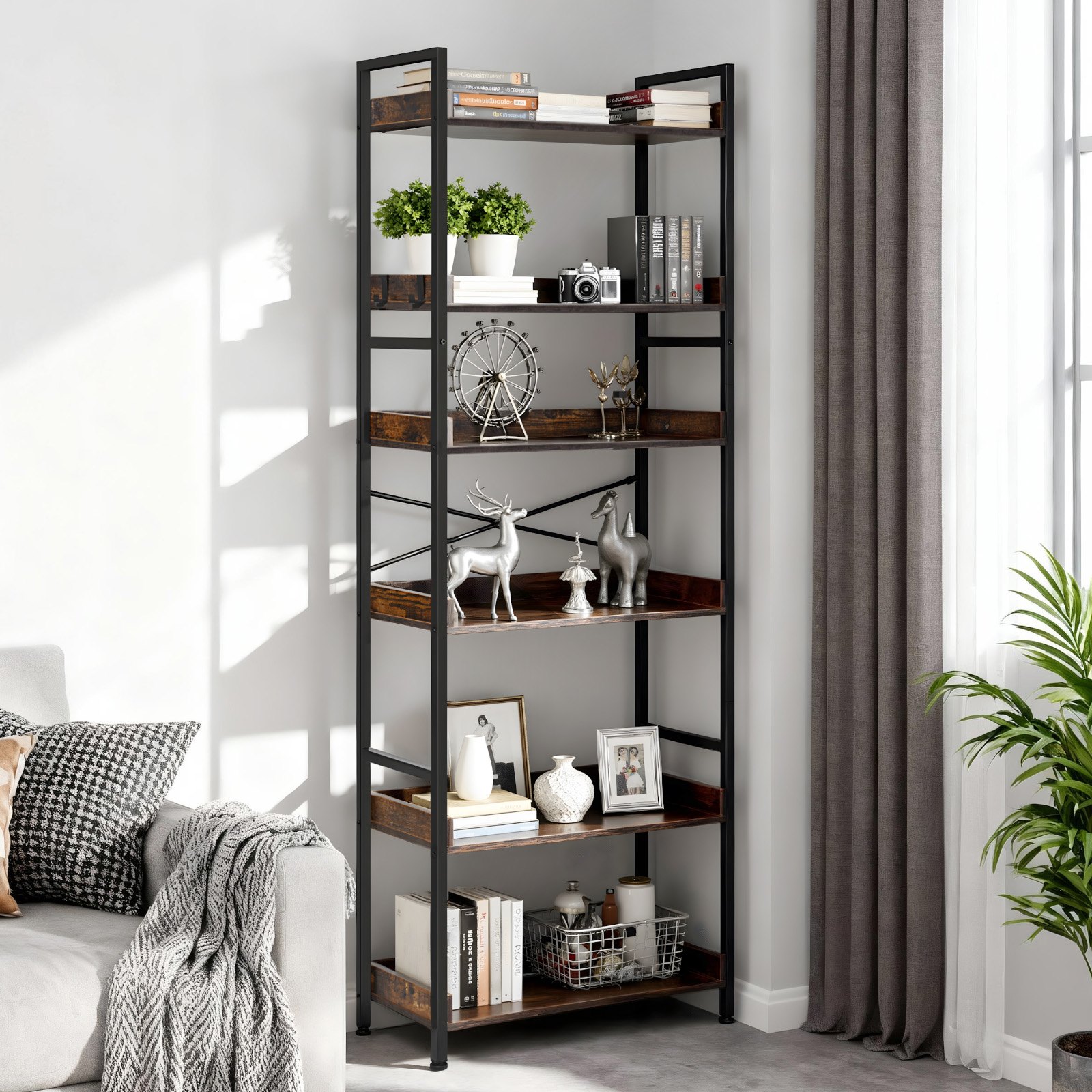 VEVOR Estantería Independiente Rectangular, 6 Niveles, Estilo Escalera Vintage con Estructura Metálica, con Estantes Abiertos, para Sala de Estar, Dormitorio, Cocina, Oficina, Marrón Rústico