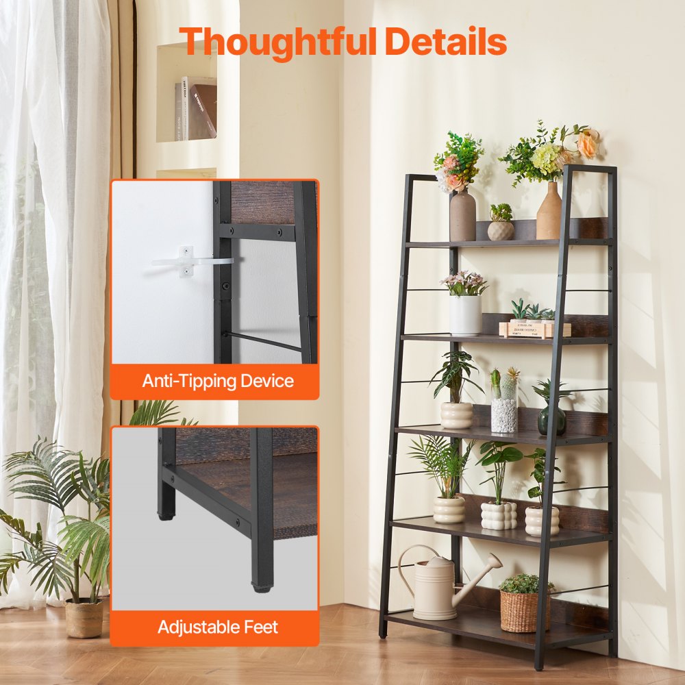 VEVOR Metal Bookshelf, 5-Tier Industrial Trapezoidal Bookshelf, Vintage Storage Bookshelf with Open Shelves, Freestanding Display Shelf, Storage Shelf 70x35x150cm